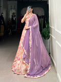 Peach Color Tussar Silk Floral Print With Handwork Lehenga Choli