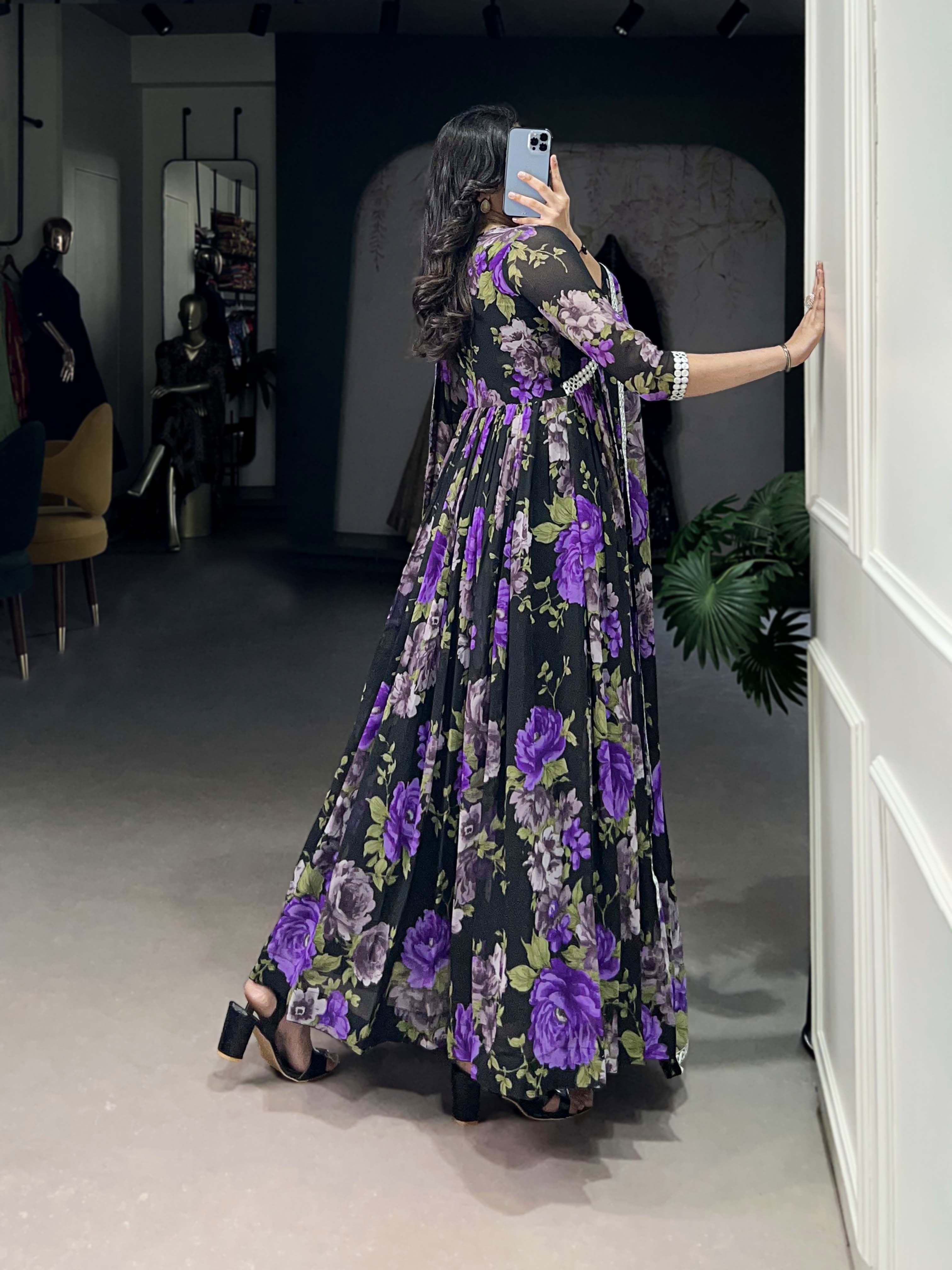 Purple Color Floral Printed And Paper Mirror Lace Georgette Gown