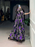 Purple Color Floral Printed And Paper Mirror Lace Georgette Gown
