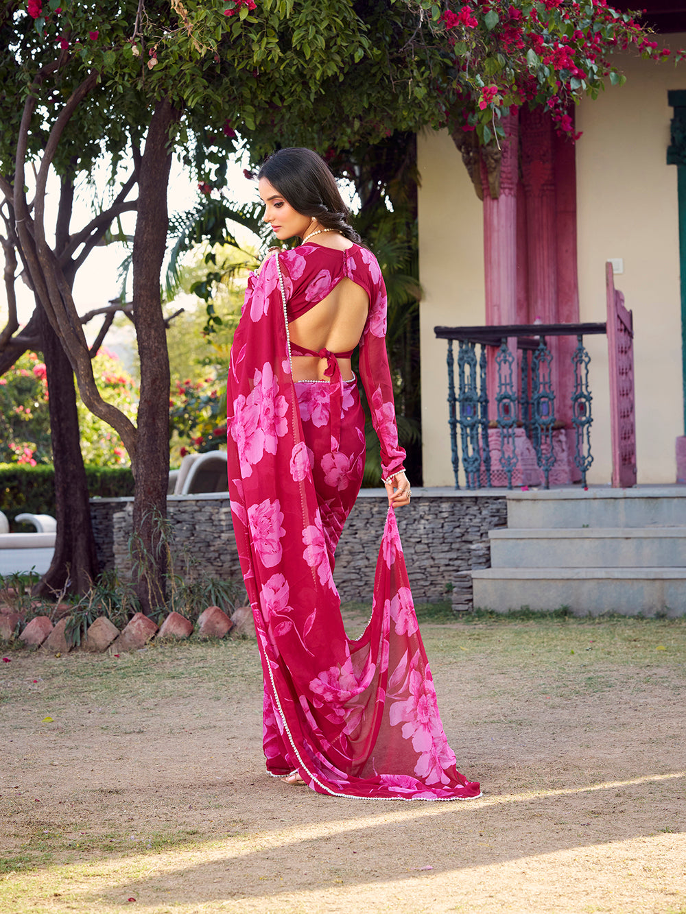 Lightweight pink printed chiffon saree