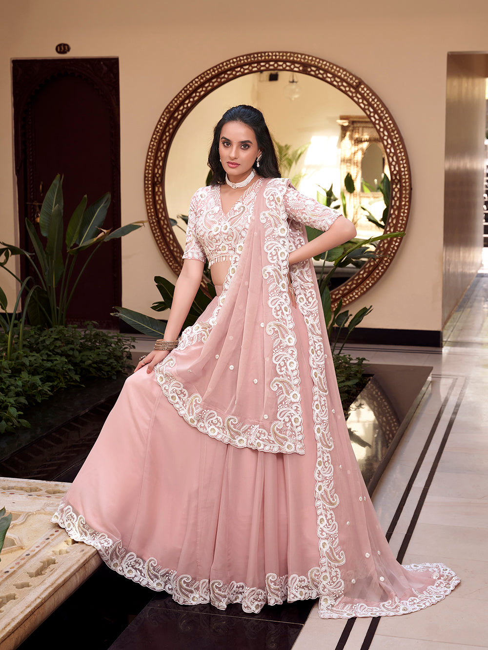 Pastel Pink Color Pearl Coding And Sequins Embroidery Work Weone Silk Lehenga Choli