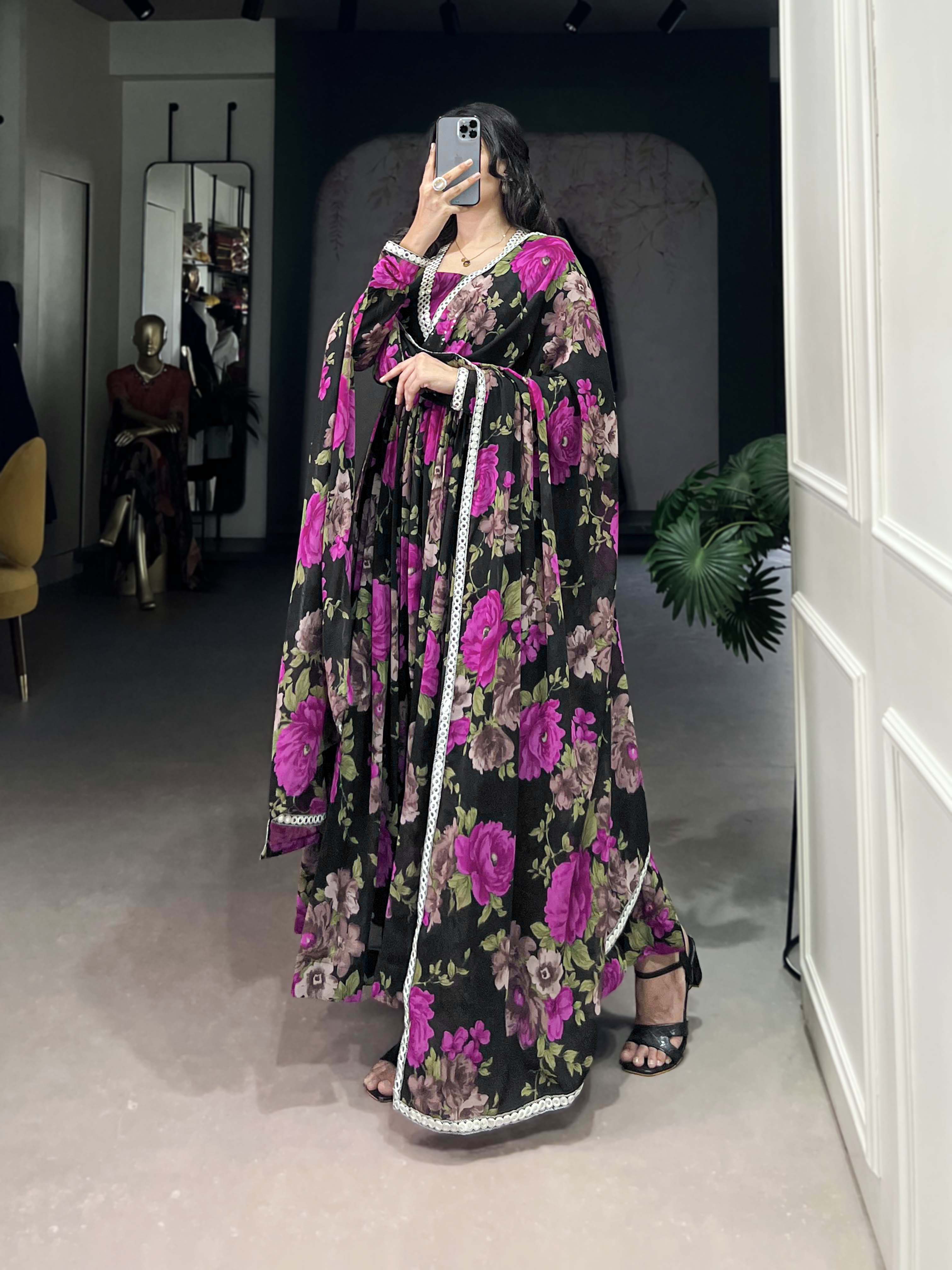 Pink Color Floral Printed And Paper Mirror Lace Georgette Gown