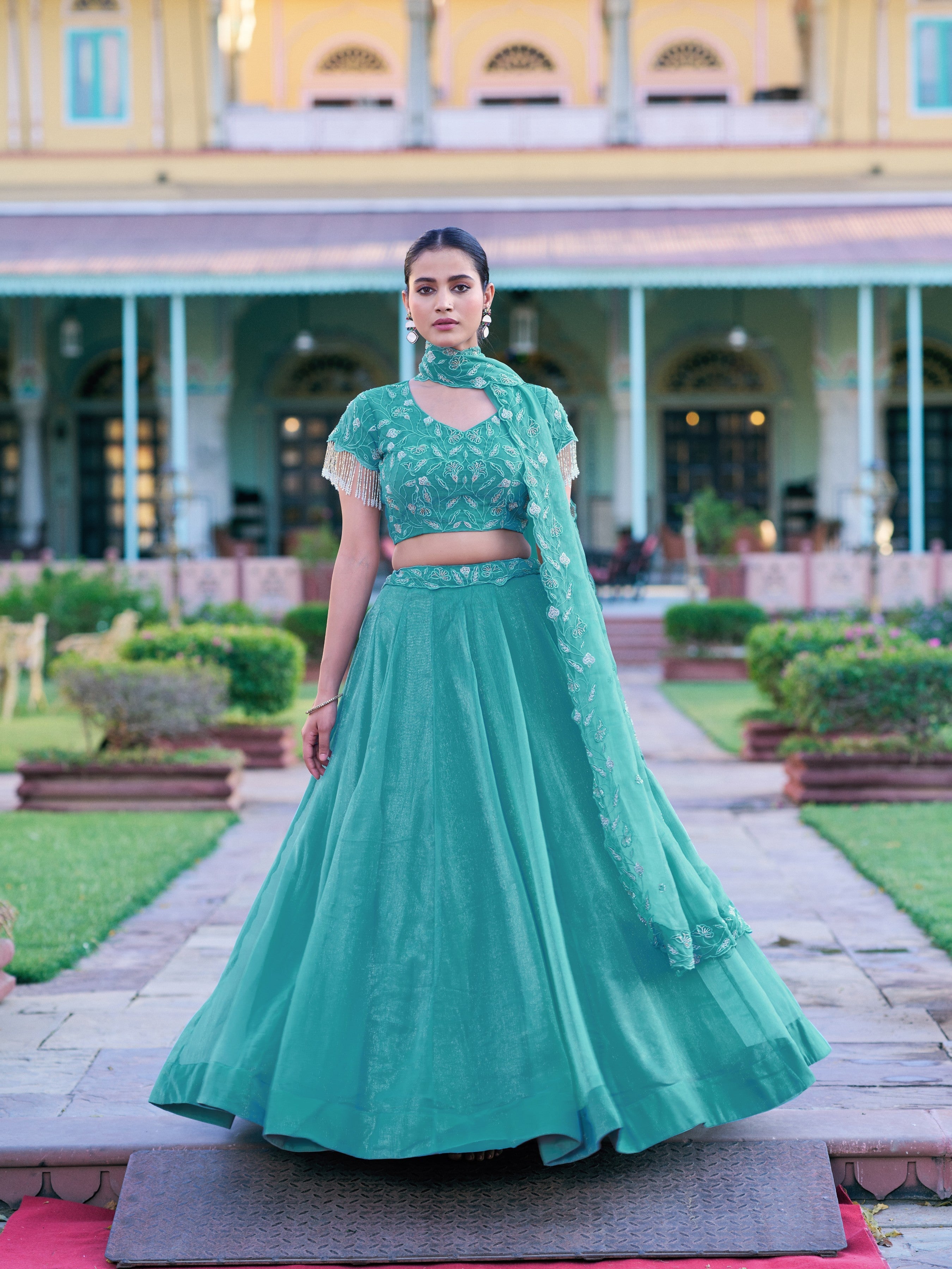 Sky Blue Color Gold Coin Embroidery Lehenga Choli