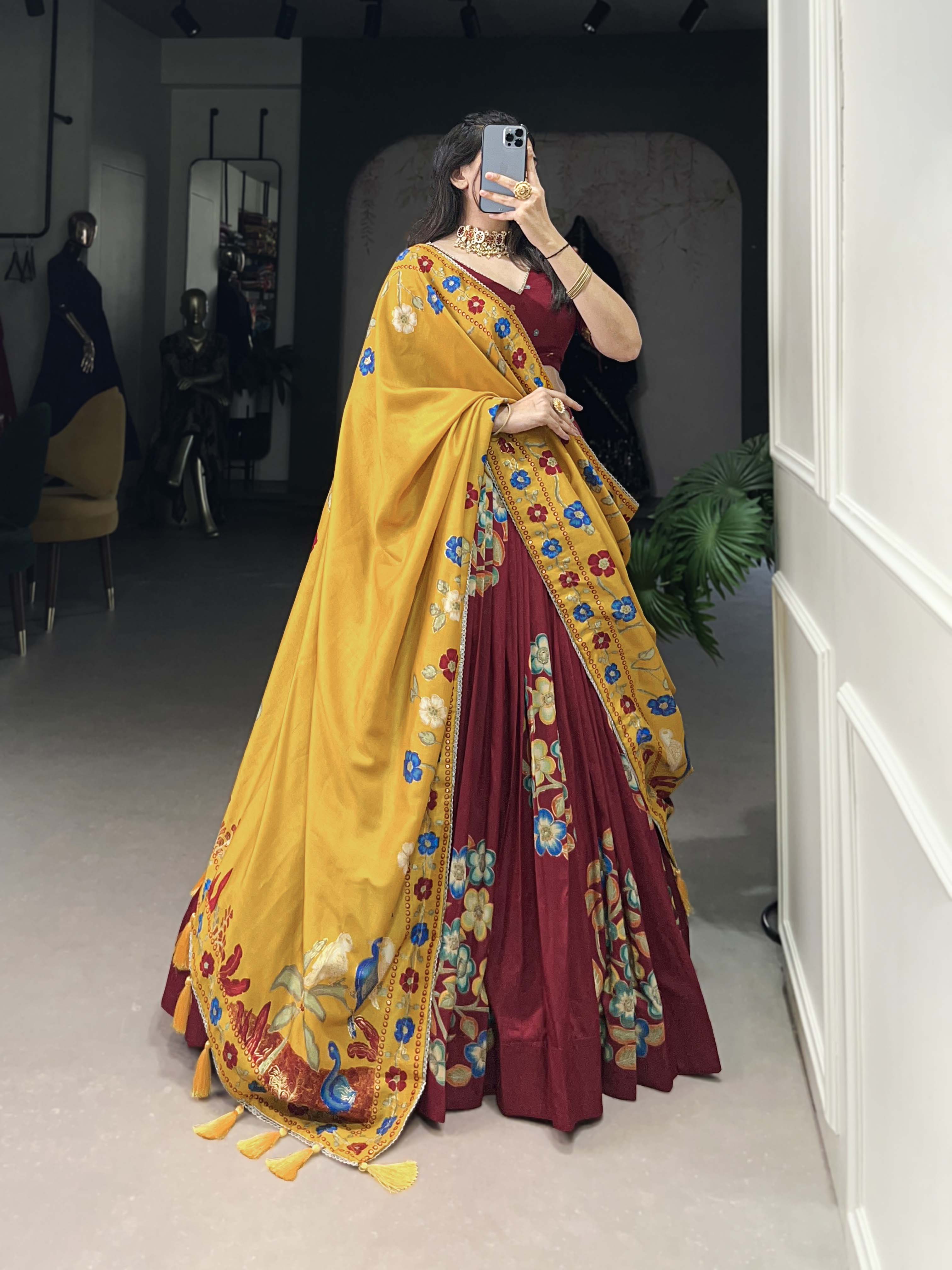 Maroon Color Printed And Foil Work Tussar Silk Lehenga Choli
