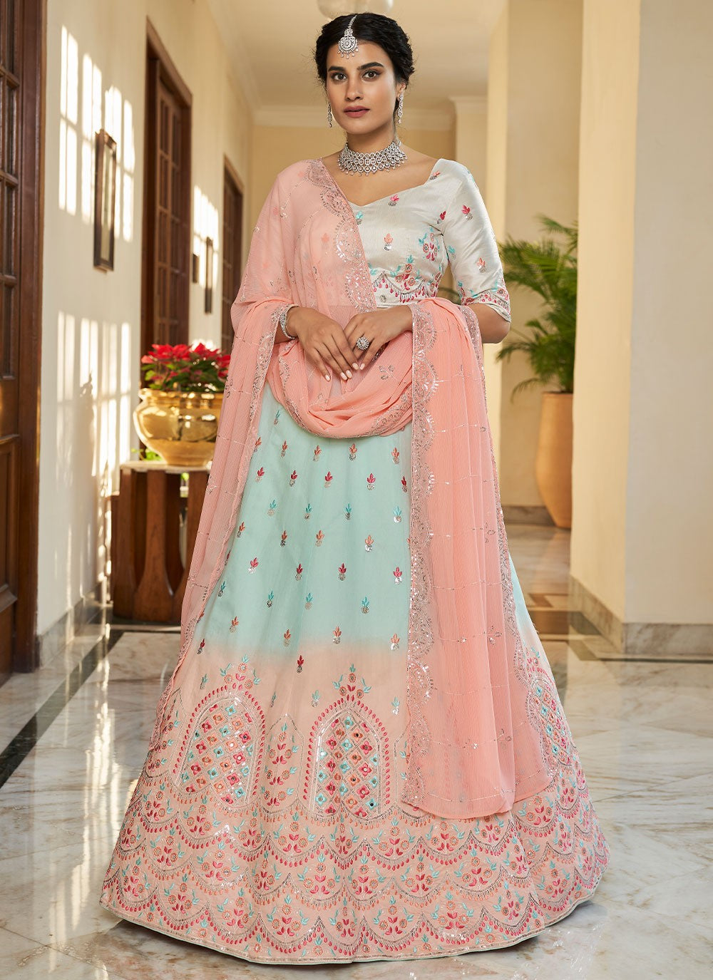 Sky Art Silk Lehenga featuring Thread and Sequins Embroidery and Mirror Work