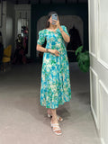 Sky Blue Color Printed With Foil Work Rayon Stylist Dress