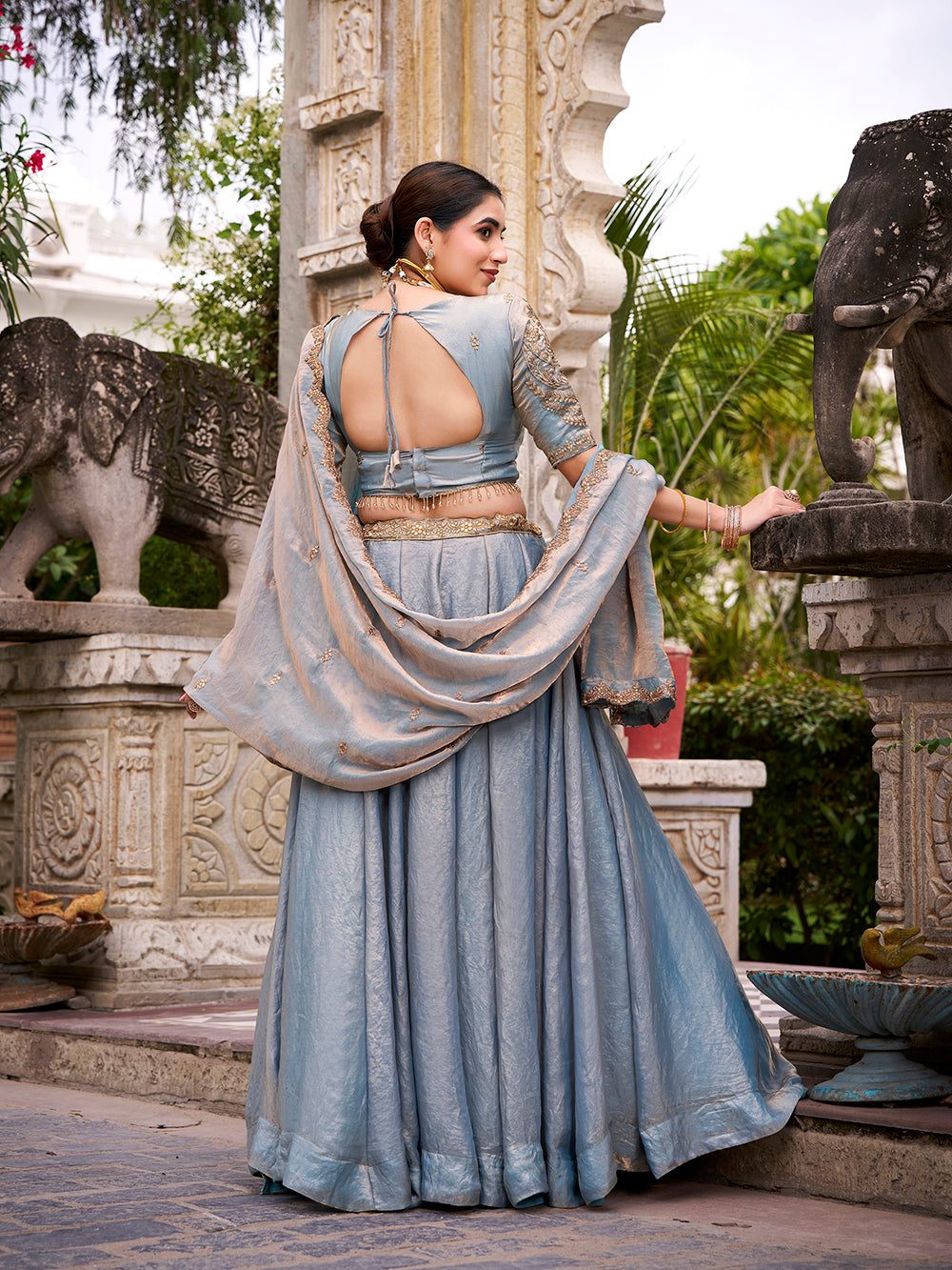 Sky Blue Color Sequins And Thread Embroidery Work Belt Fendi Lehenga Choli