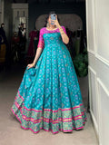 Sky Blue Color Jacquard Silk Patola Print With Zari Weaving Work Gown