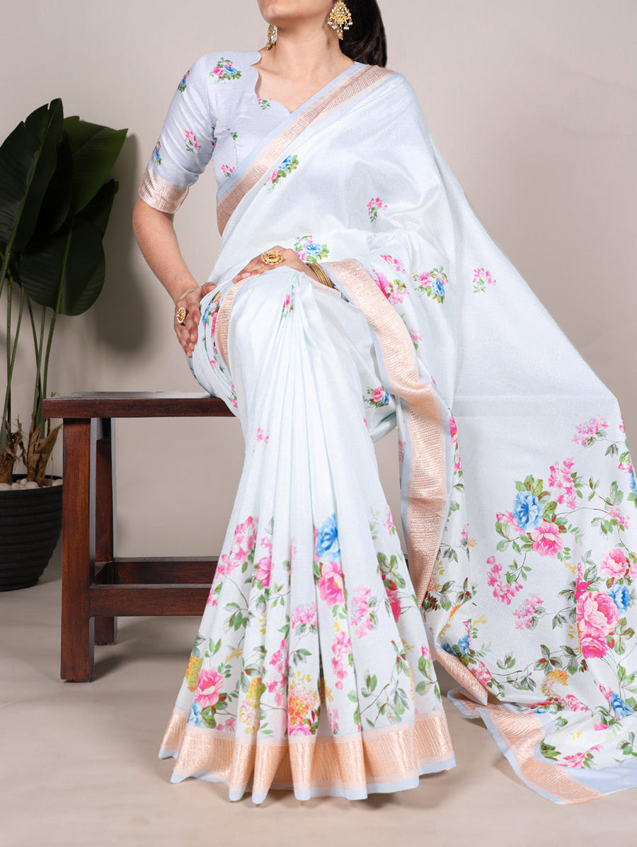 Sky blue tussar silk floral printed saree