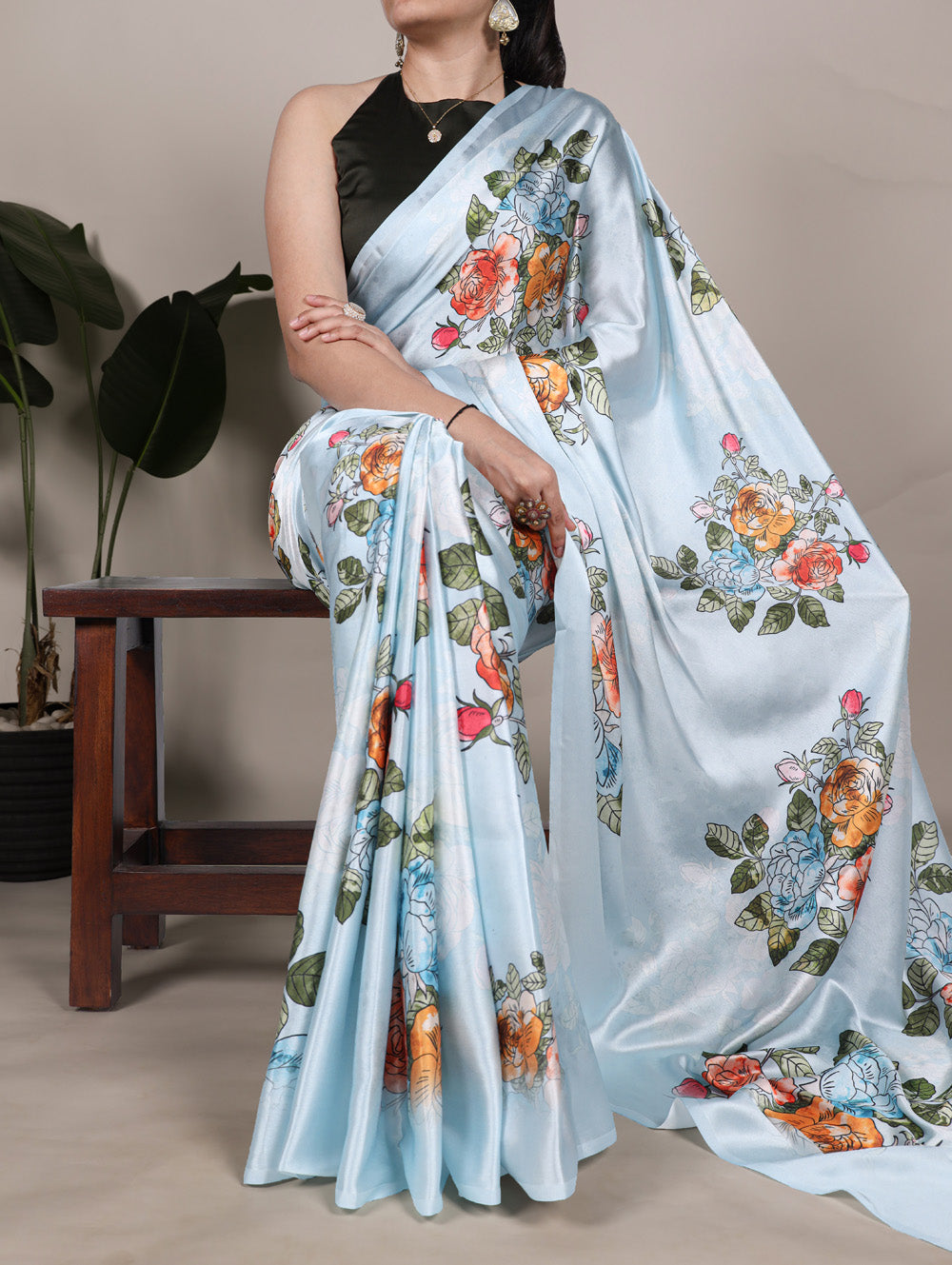 Sky blue satin silk floral print saree
