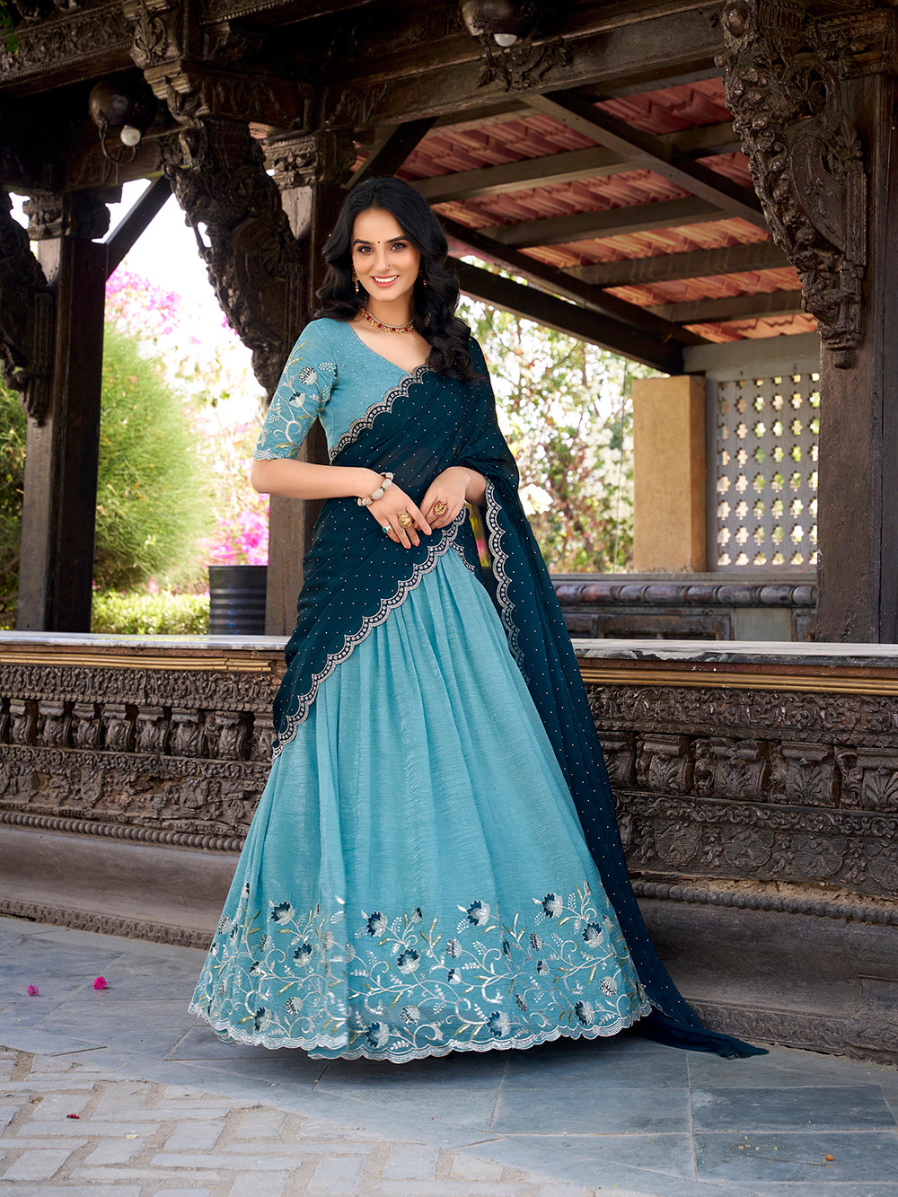 Sky Blue Color Sequins And Embroidery Work With Hotfix Silver Glossy Lehenga Choli