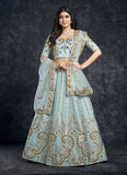 Sky Blue Italian Silk Zari and Diamon Work Party Lehenga Choli