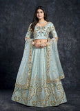 Sky Blue Italian Silk Zari and Diamon Work Party Lehenga Choli