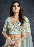 Sky Blue Italian Silk Zari and Diamon Work Party Lehenga Choli