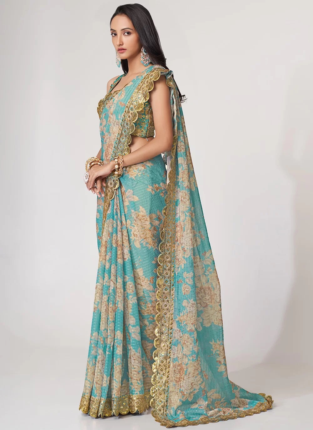 Sky Blue Sequins Embroidery Work with Digital Printed Saree