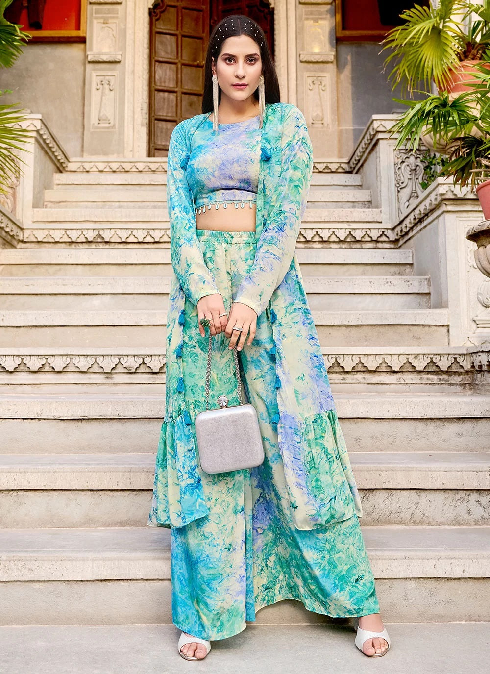 Sky Blue Silk Printed Designer Readymade Suit