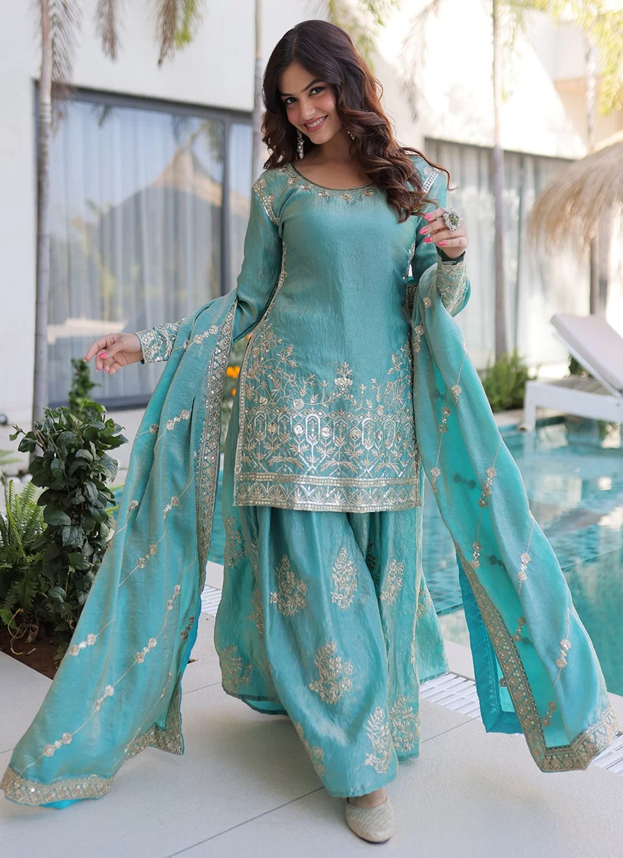 Sky Fendi Crush Zari Sequins Embroidered Kurti Sharara Set with Dupatta