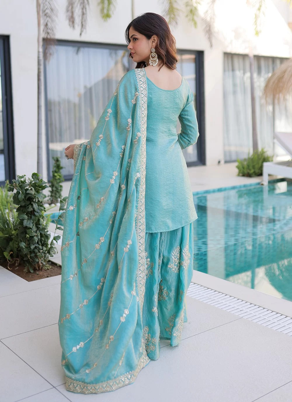 Sky Fendi Crush Zari Sequins Embroidered Kurti Sharara Set with Dupatta