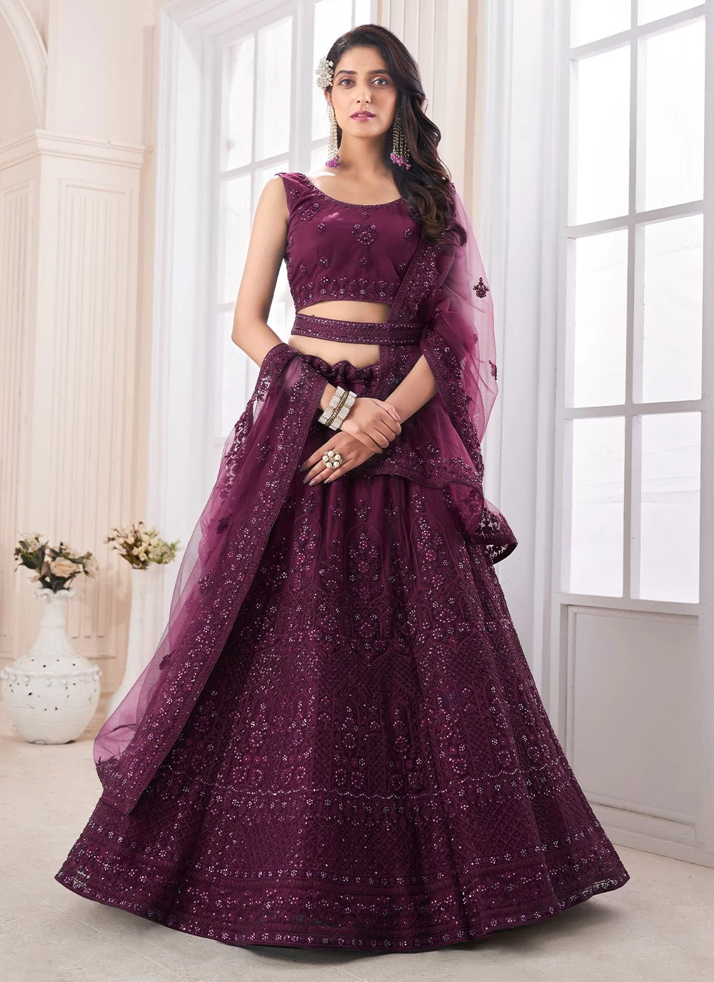 Velvet Wedding Lehenga Choli with Heavy Embroidery With Hand Work in Maroon  - LC4355