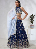 Sophisticated Navy Blue Georgette Lehenga Choli with Elegant Printing And Stone Work