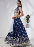 Sophisticated Navy Blue Georgette Lehenga Choli with Elegant Printing And Stone Work