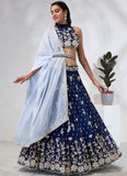 Sophisticated Navy Blue Georgette Lehenga Choli with Elegant Printing And Stone Work