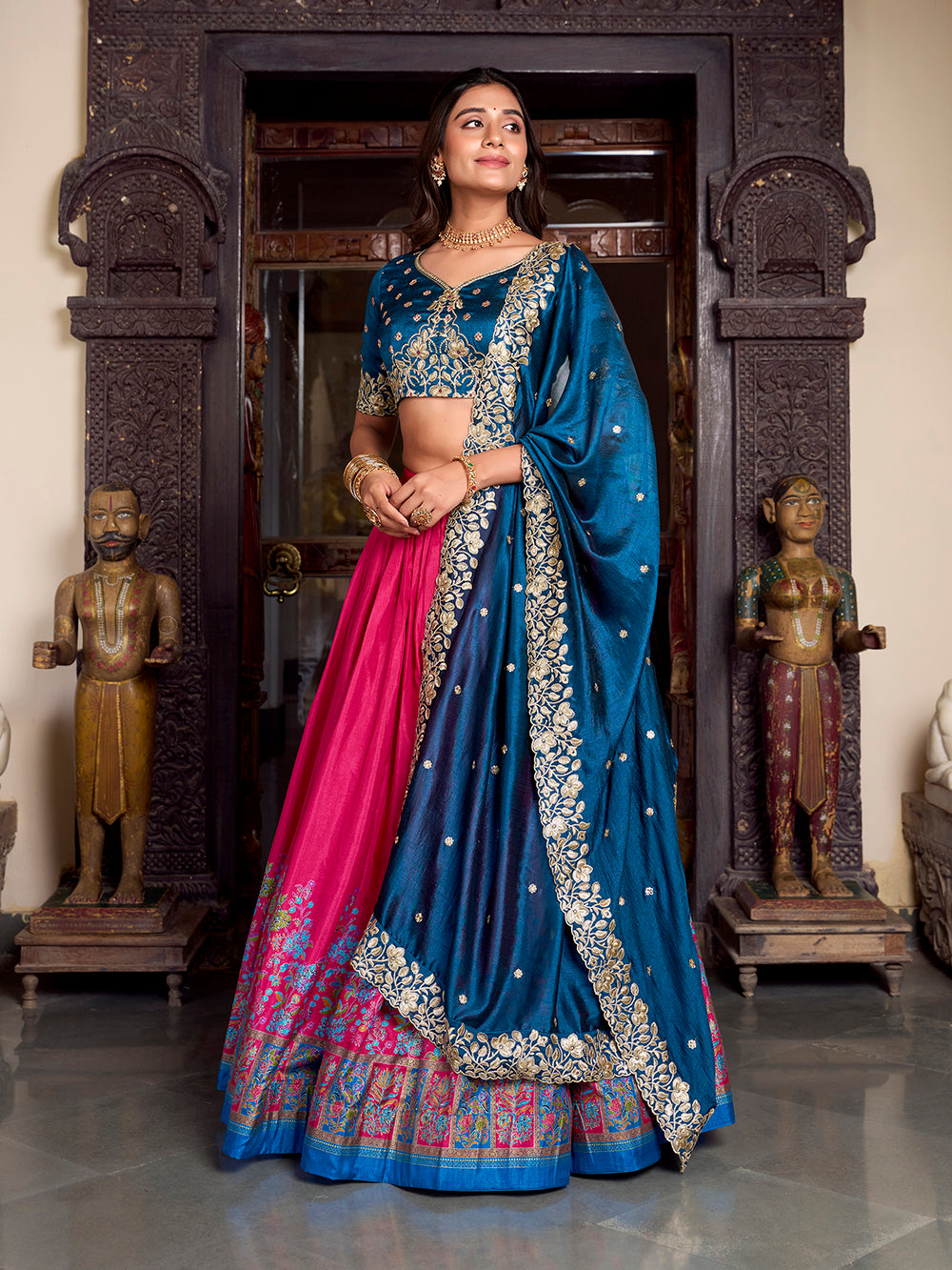 Pink Color Printed With Foil Work Tussar Silk Lehenga Choli