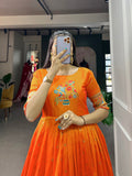 Orange Color Zari Weaving Work Jacquard Silk Dress