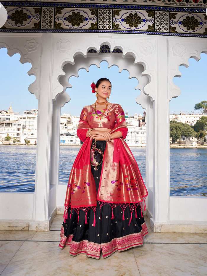Black jacquard silk lehenga choli with zari weaving
