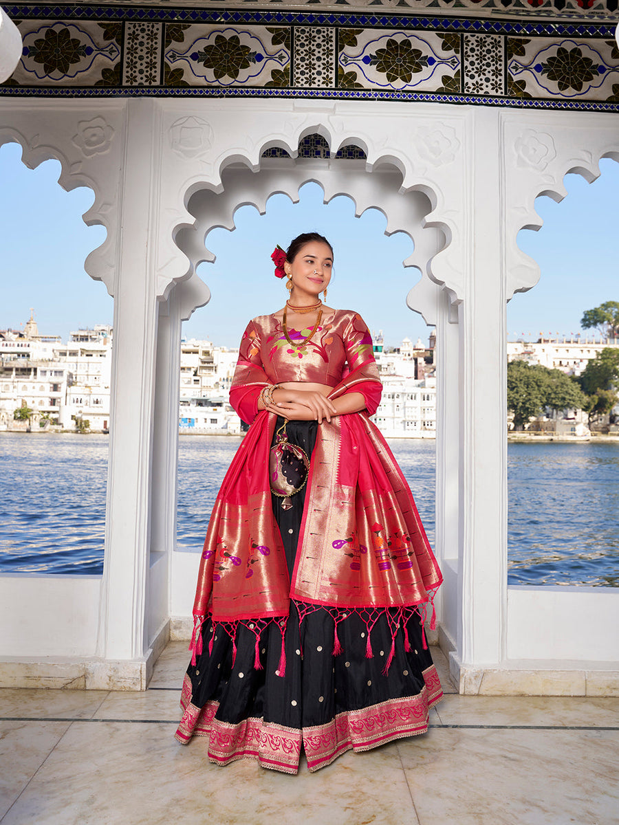 Black jacquard silk lehenga choli with zari weaving