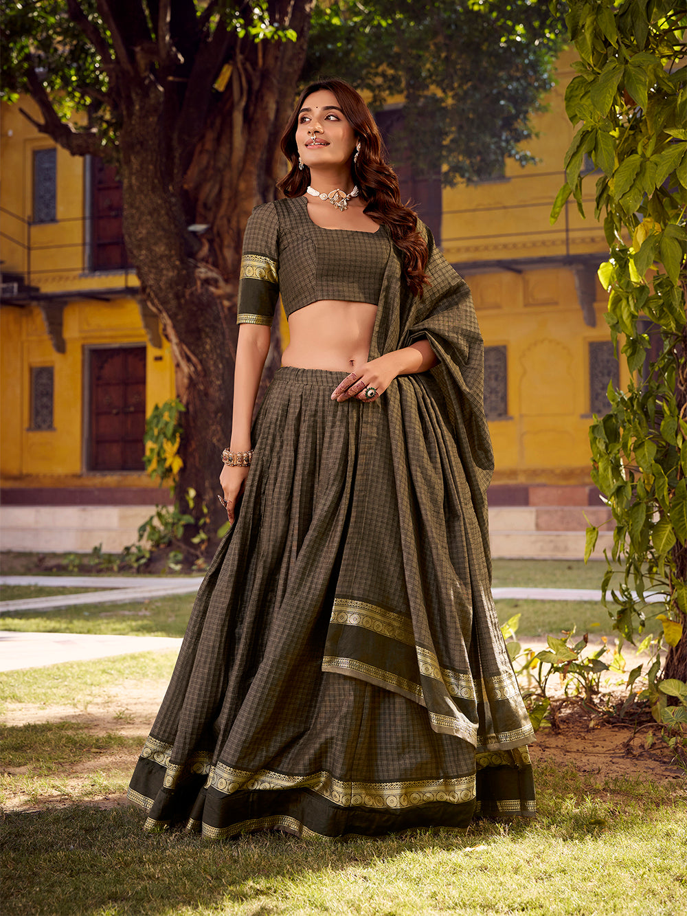 Grey Color Chex With Zari weaving Work Chettinad Cotton Lehenga Choli