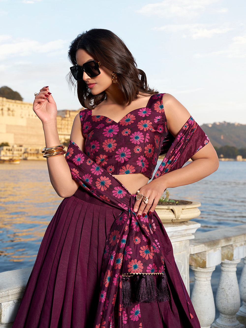 Wine Color Floral Print With Foil Work Tussar Silk Lehenga Choli