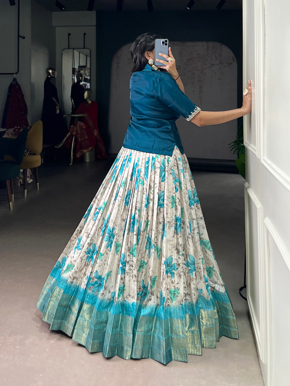 Banglory teal blouse with sequins and pearl handwork
