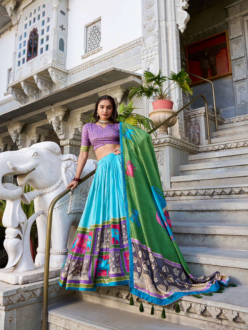 See Green Color Kalamkari With Foil Work Tussar Silk Lehenga Choli