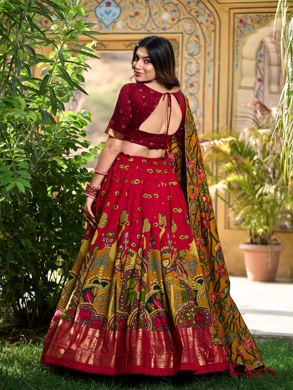 Red Color Kalamkari Print With Foil Work Tasar Silk Lehenga Choli