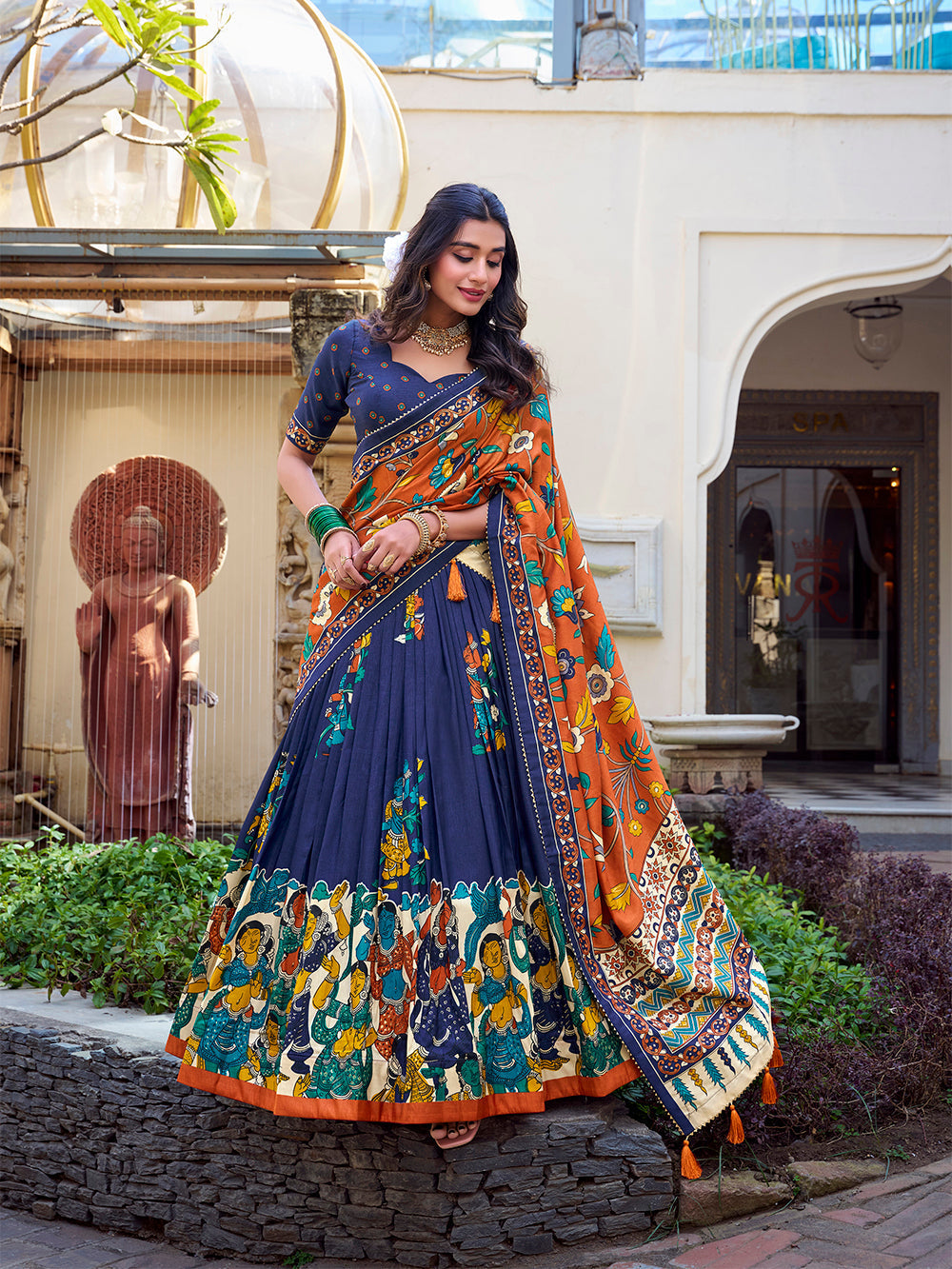 Navy Blue Color Kalamkari Print With Foil Work Tussar Silk Lehenga Choli