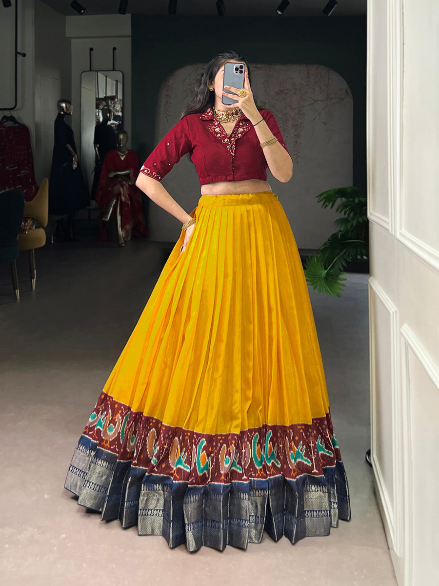 Mustard Color Printed With Zari Weaving Work Poly Cotton Co-ord Set