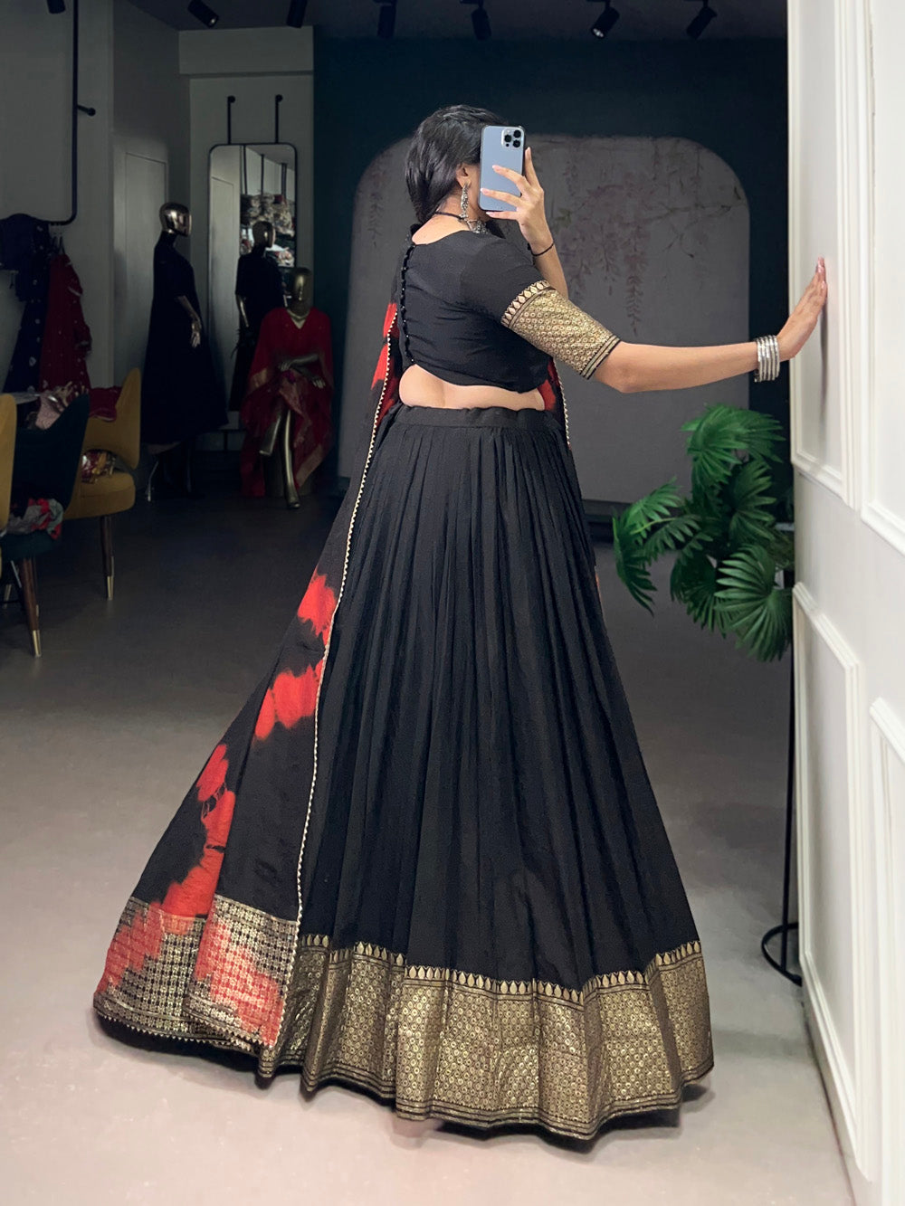 Black color Zari Weaving Work Chanderi Chaniya Choli