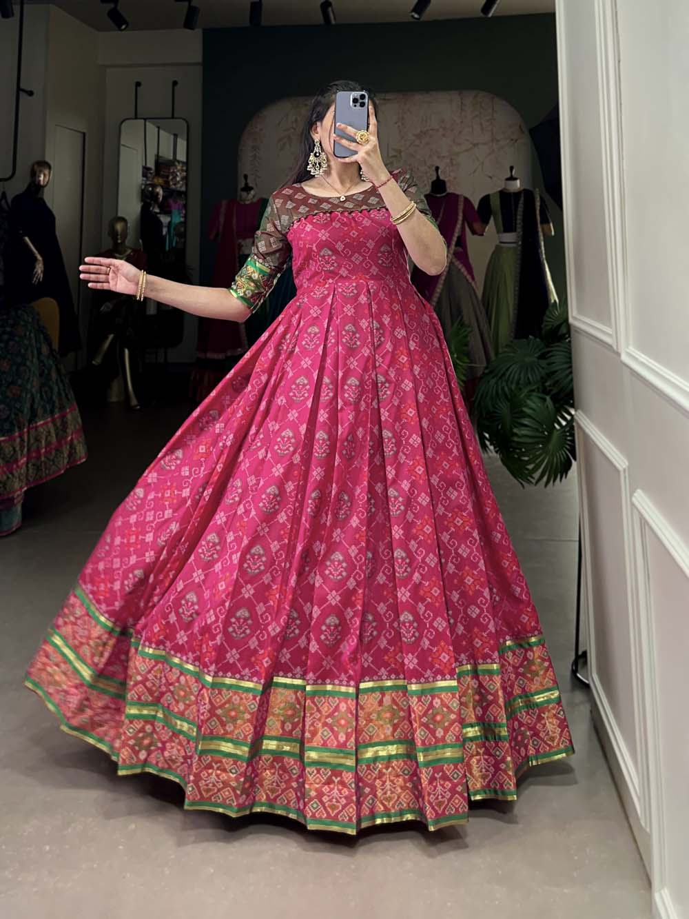 Pink  Color Jacquard Silk Patola Print With Zari Weaving Work Gown