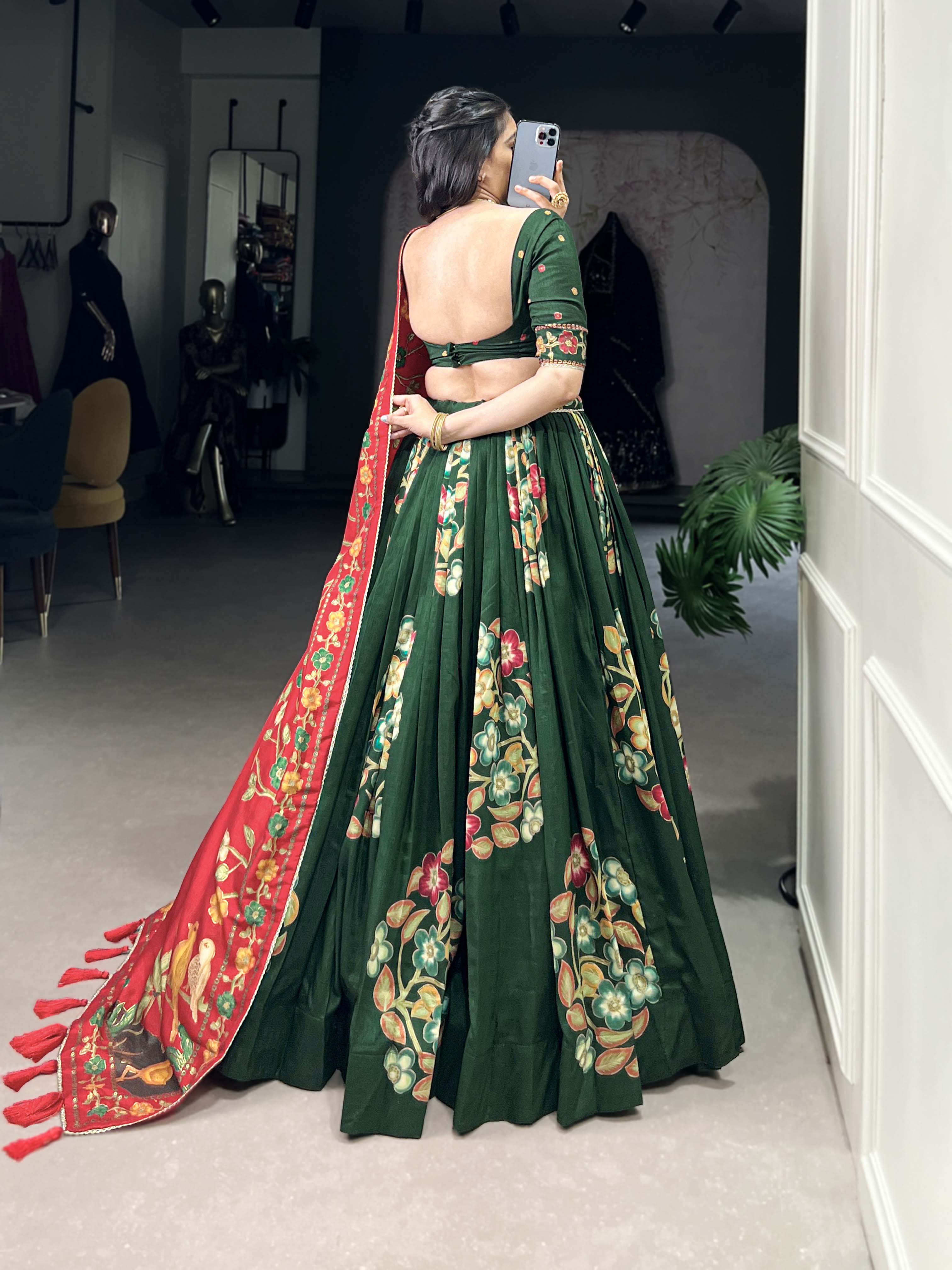 Green Color Printed And Foil Work Tussar Silk Lehenga Choli