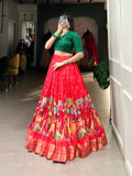 Red Color Kalamkari Print With Zari Weaving Border Dola Silk Co-ord Set Lehenga Choli