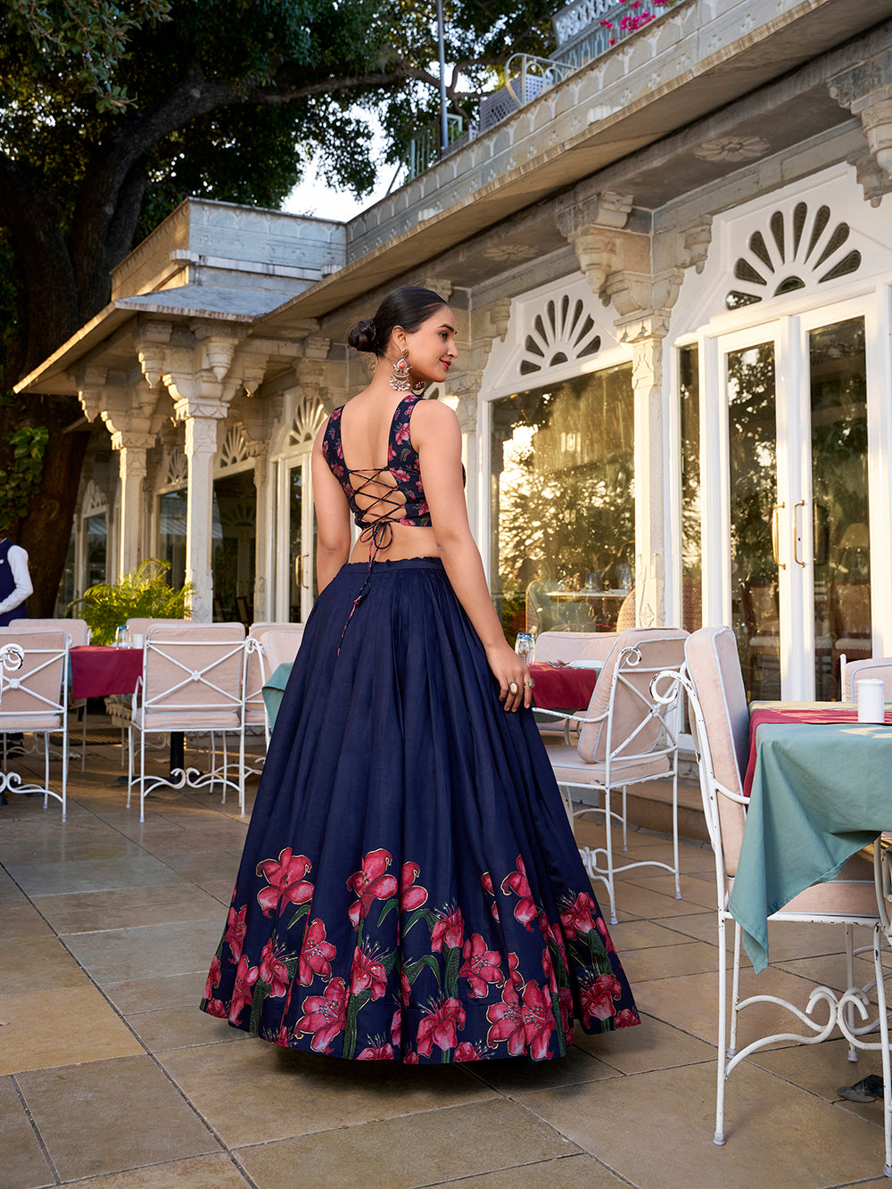 Navy Blue Color Floral Print With Foil Work Tussar Silk Lehenga Choli