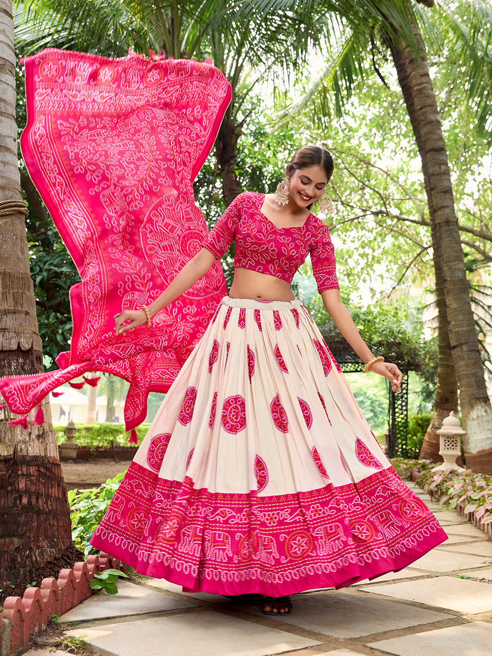 Pink Color Bandhej Printed Tussar Silk Indian Lehenga Choli