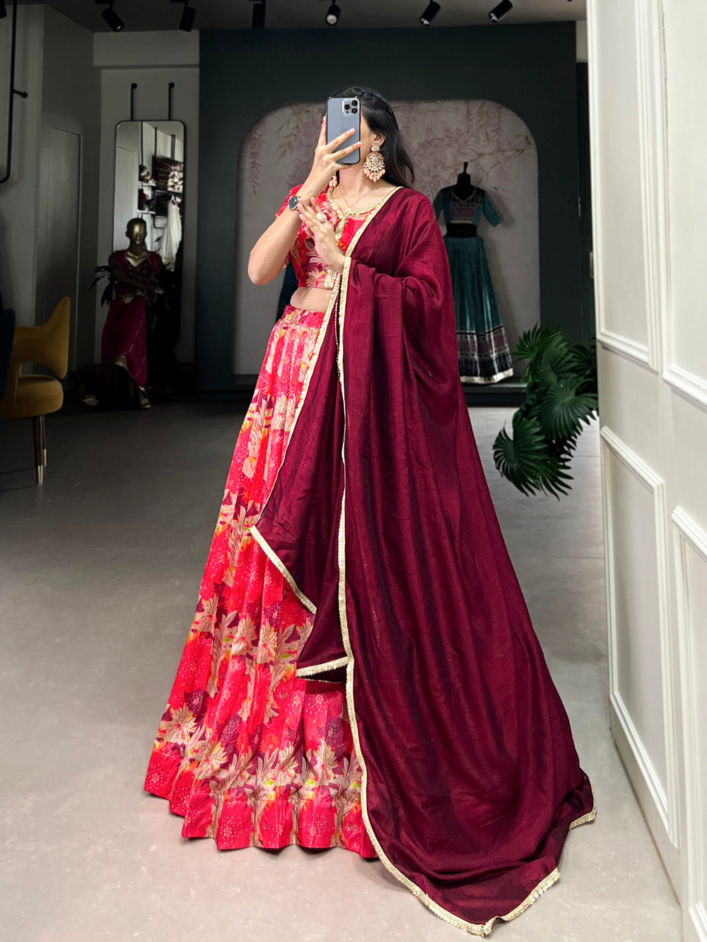 Red Color Printed With Tussar Silk Lehenga Choli
