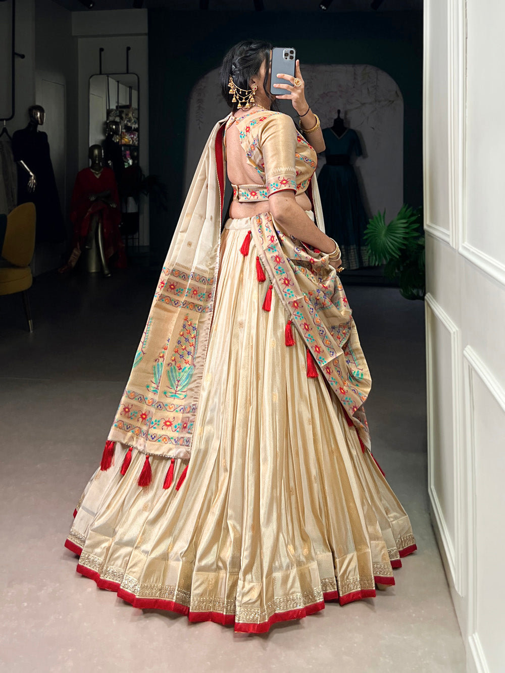 4 meter flare shimmer lehenga in red