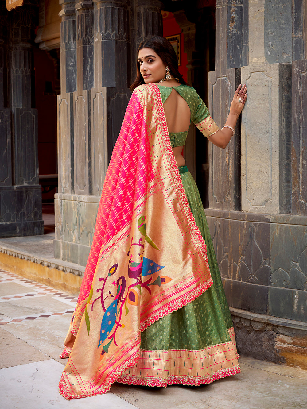 Green Color Wedding Wear Simmer Organza Lehenga