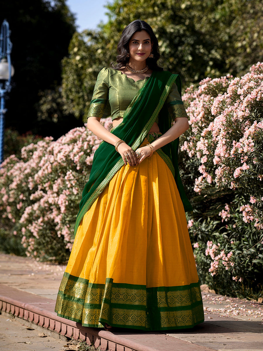 Yellow Color Zari Weaving Work Kanchipuram Haldi Lehenga  Choli