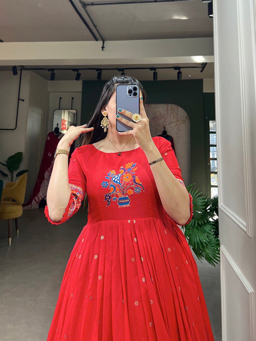 Red Color Zari Weaving Work Jacquard Silk Dress