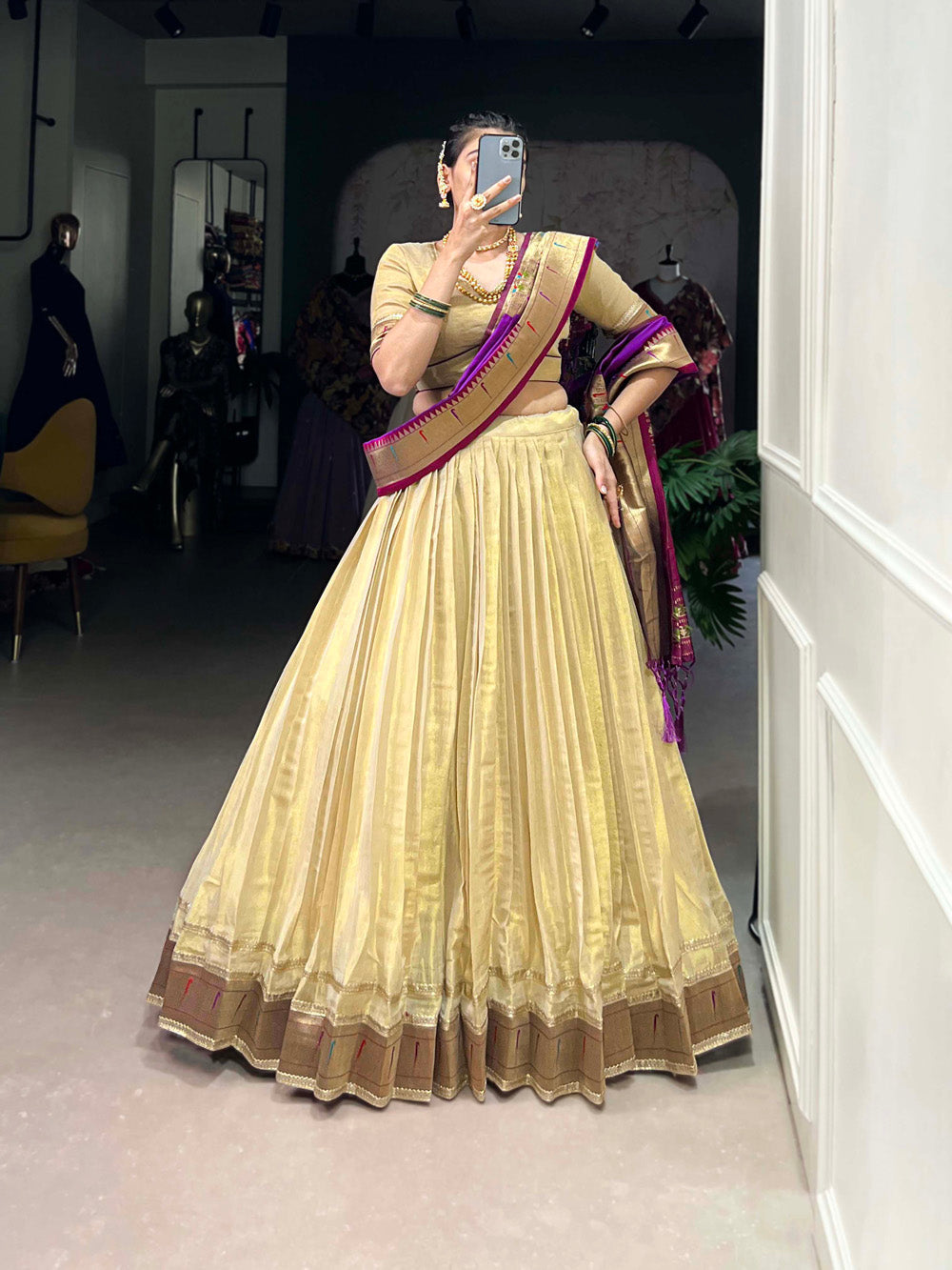 Cream Color Plain With Paithani Lace Border Erode Lehenga Choli