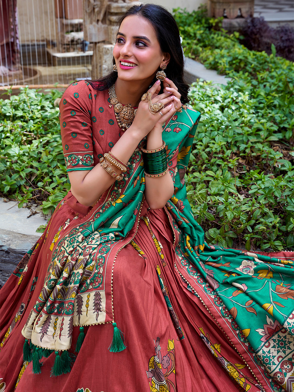 Salmon Color Kalamkari Print With Foil Work Tussar Silk Lehenga Choli